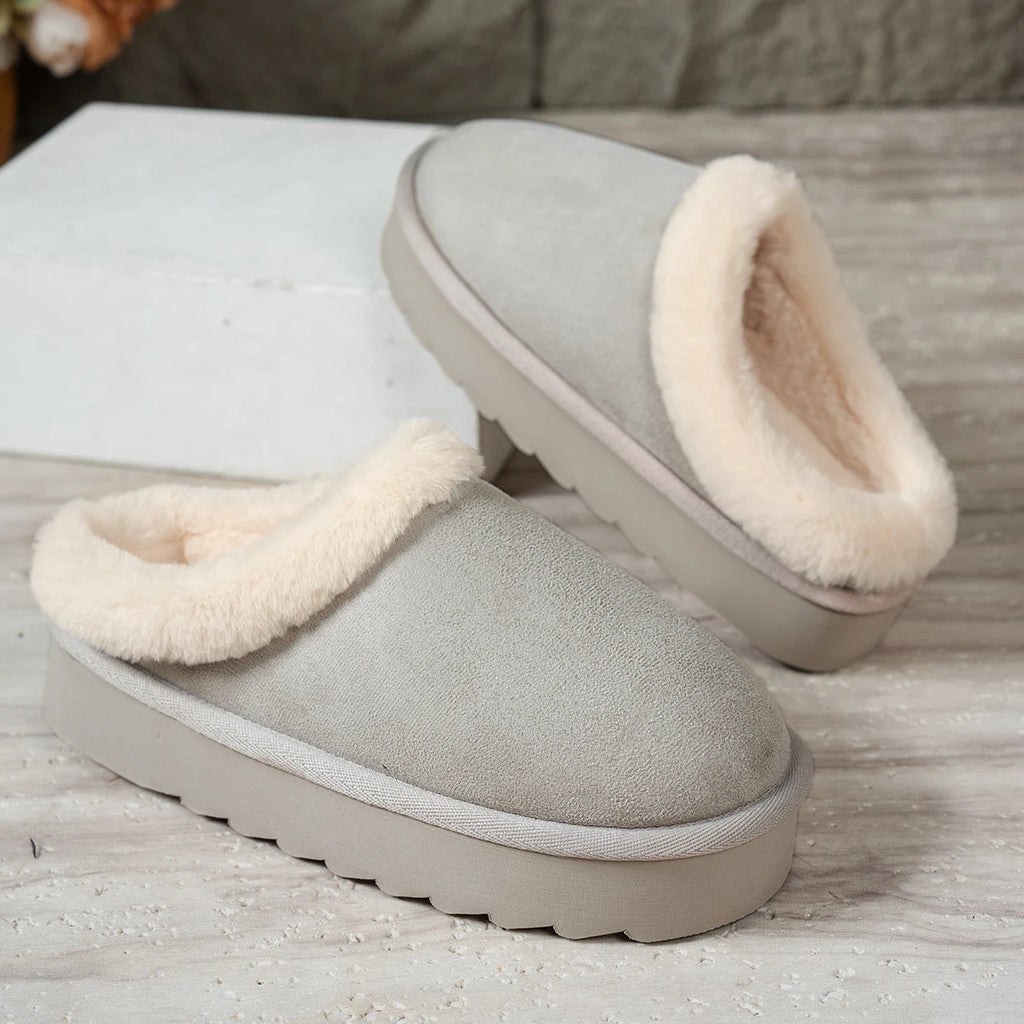 Winter fashion women's fluffy thick-soled casual shoes, thick-soled indoor anti-slip and warm with fur lining