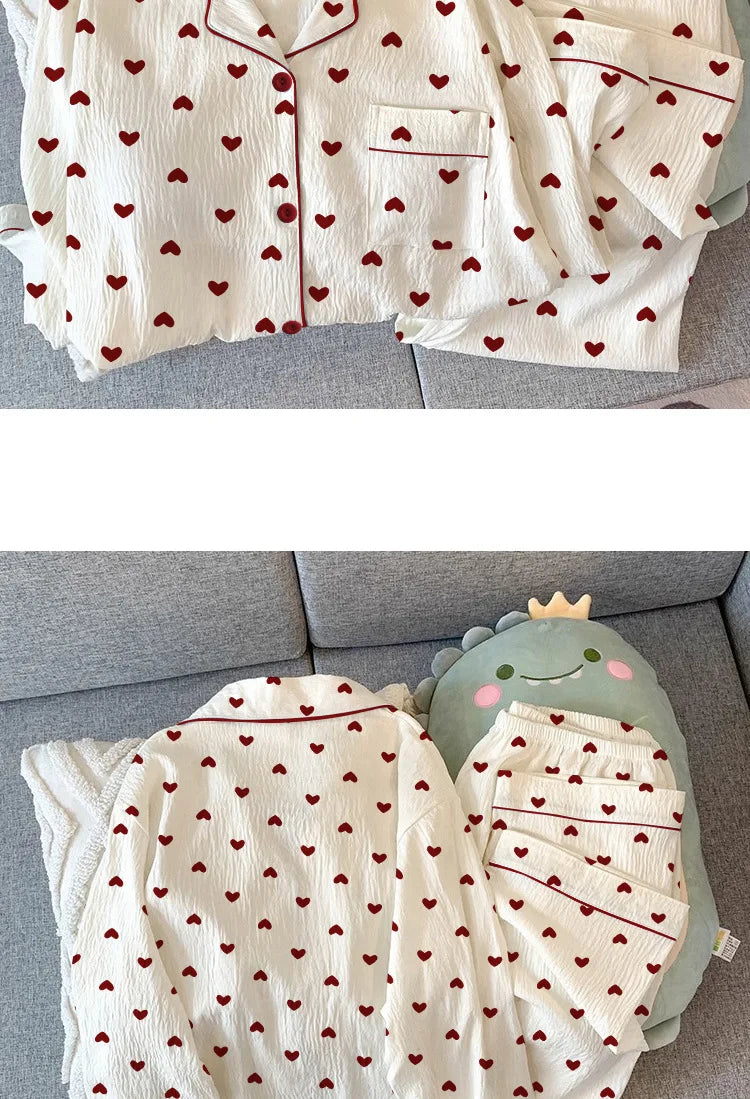Spring and Autumn New Women's Pajamas Loungewear Set Girl Love Cardigan Pajamas Crinkled Fabric Loungewear Long Sleeve Set