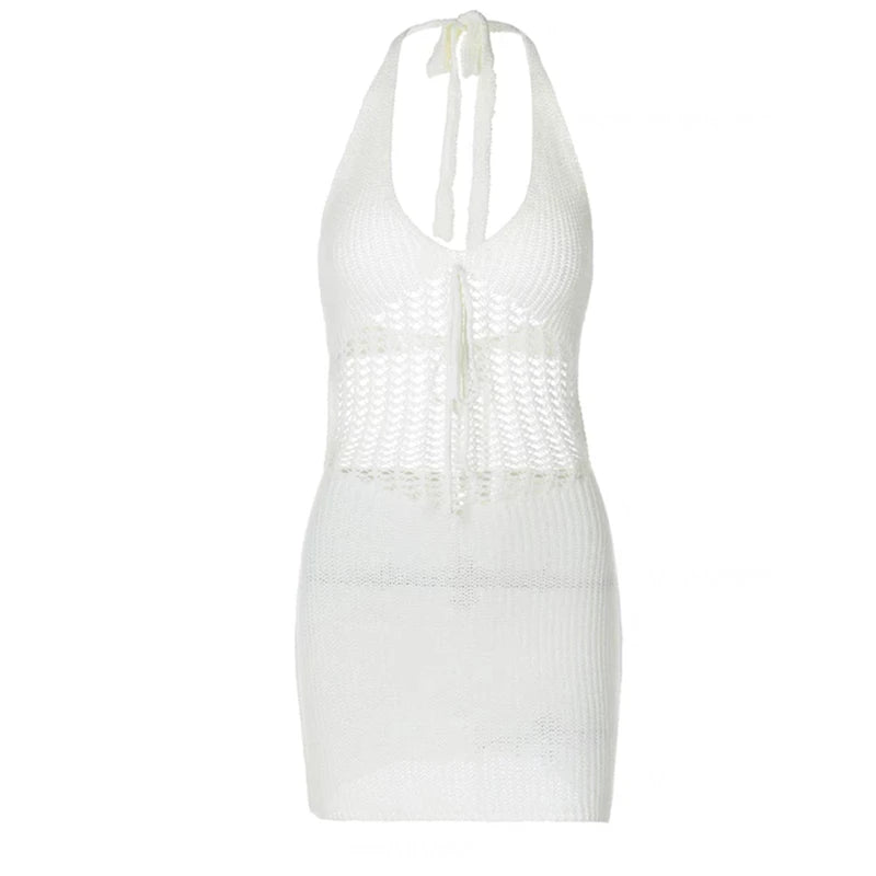 Summer Beach Style Women Backless Sexy Hollow Out V-neck Halter Lace-up Dress Fashion Sleeveless Knitted Dresses
