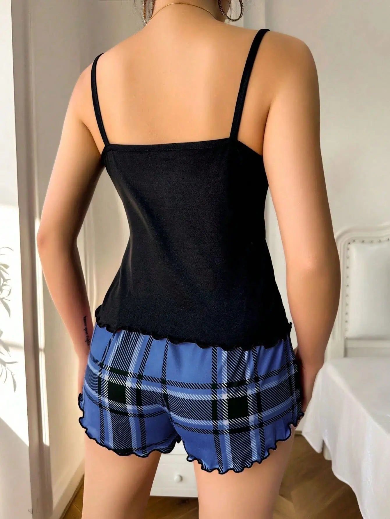 Sexy Nightwear Women's Suspenders Top Plaid Pants Fashion Sleepwear Homewear Two-Piece Set Ladies Pajamas Love Print Loungewear