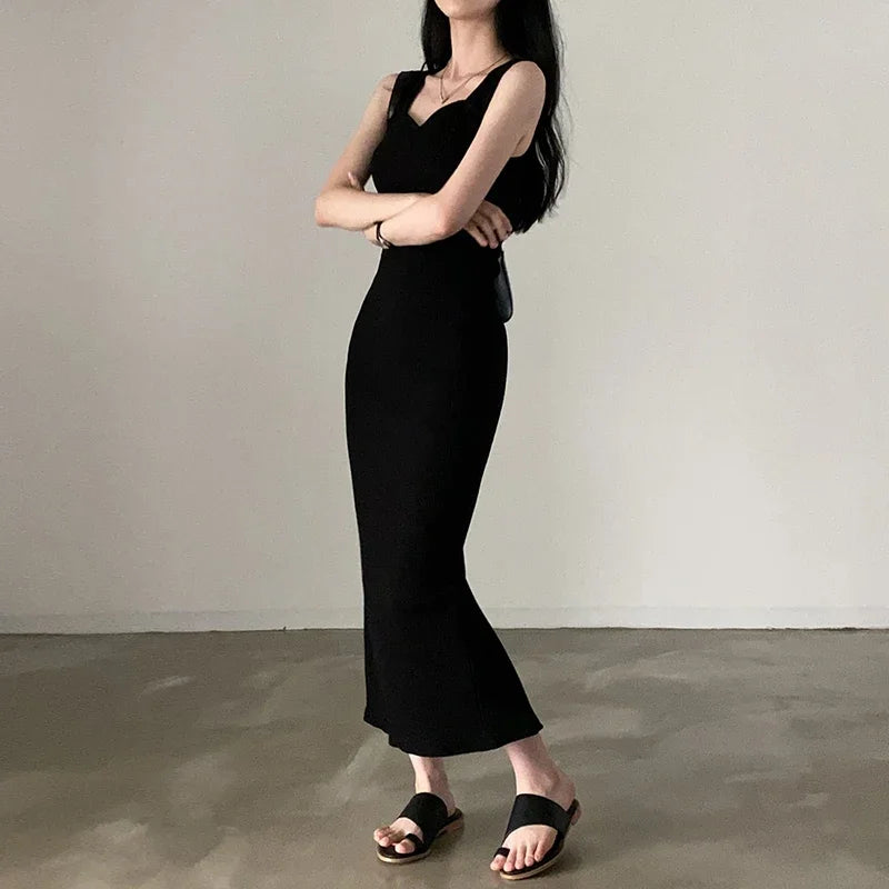 Myufon Basic Knit Long Dress Korean Fashion Square Collar Sleeveless Women's Dresses Summer Casual Y2k Vintage All-match Outftis