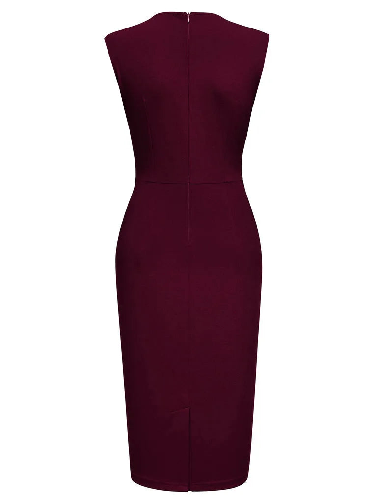 Women Elegant Square Neck Sleeveless Vintage Slim Work Office Cocktail Party Business Casual Sheath Bodycon Pencil Dress