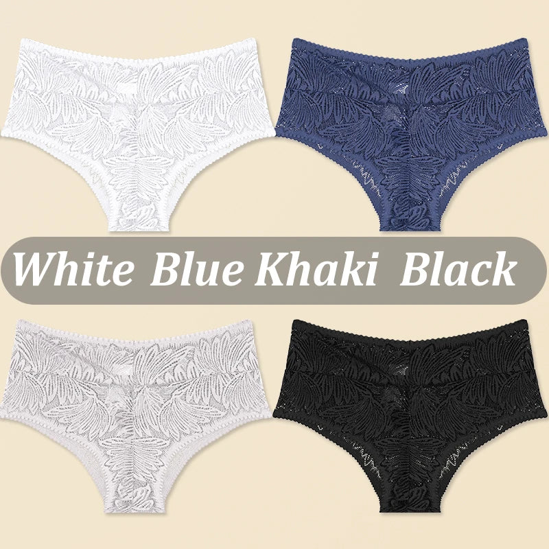 FINETOO 4PCS Floral Lace Thongs Sexy Perspective G-String Mid Waist T-back Female Breathable Intimates Brazilian Underwears