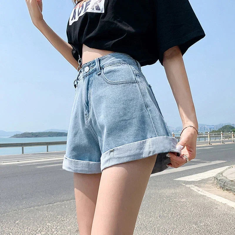 2026 Summer Women Denim Shorts High Waist Blue Cotton Wide-leg Short Pants Girl's Student Mini Korean Fashion Womens Jean Shorts