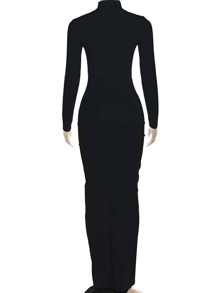 Sisterlinda Autumn New Style Long Dress Woman Turtleneck Full Sleeve Skinny High Stretch Daily Casual Fashion Elegant Vestidos
