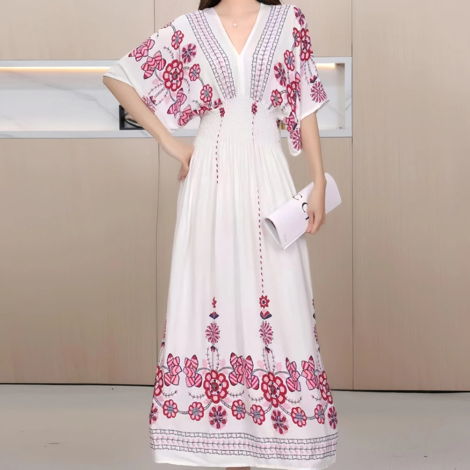 Colorful Flower V-neck Elastic Youthful Bohemian Sweet Midi Dress Woman Clothes Chic Fashion Summer Dresses 2025 Large Swing Ski