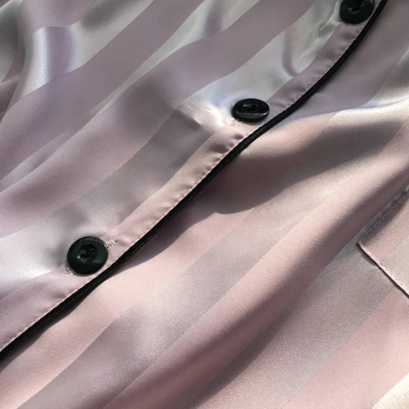 1 Set Women's Elegant Lounge Set Plus Size Satin Striped Button Up Short  Sleeve Shirt & Pants Pajamas