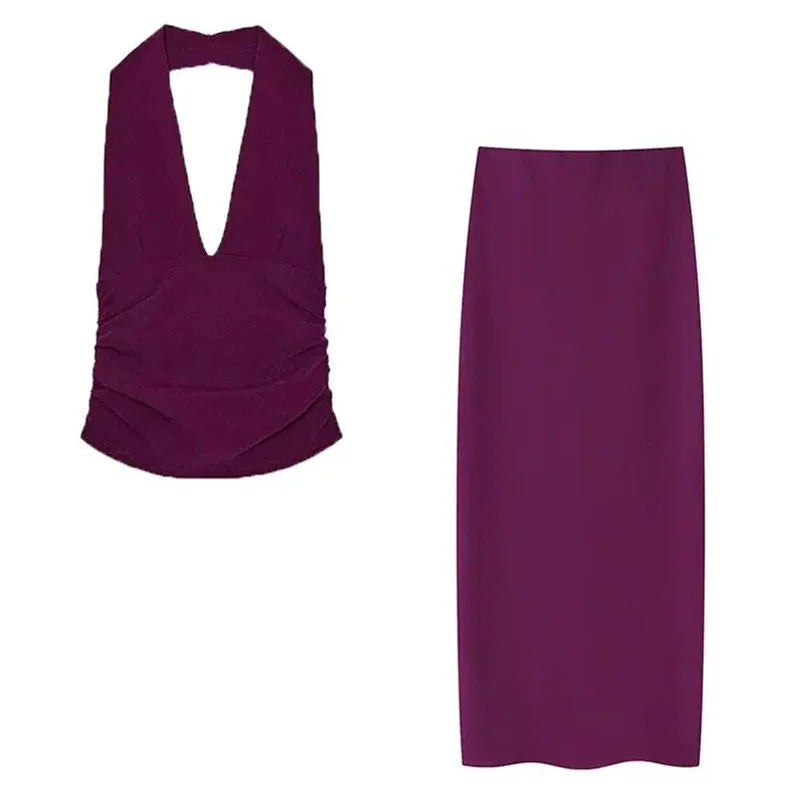 MUJER 2025 Women's Skirt 2 Piece Set Halter Crop Top Female High Waist Midi Skirts Sets for Women Backless Tops Two Piece Outfit