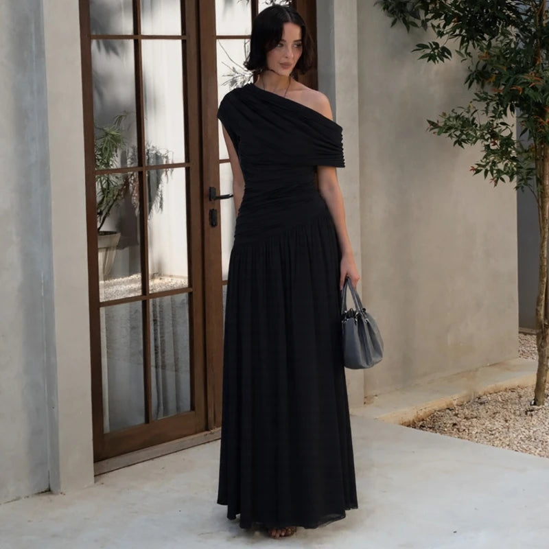 Hugcitar One Shoulder Ruched Sleeveless Solid Pleated Sexy Irregular Y2K Maxi Dress Summer Elegant Party Women Clothes Vacation