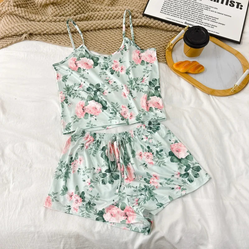 Summer Printed Cami Sleeveless Top and Shorts Pajama Sets For Women Sexy Leisure Adjustable Belt Loungewear Female Soft Pajama