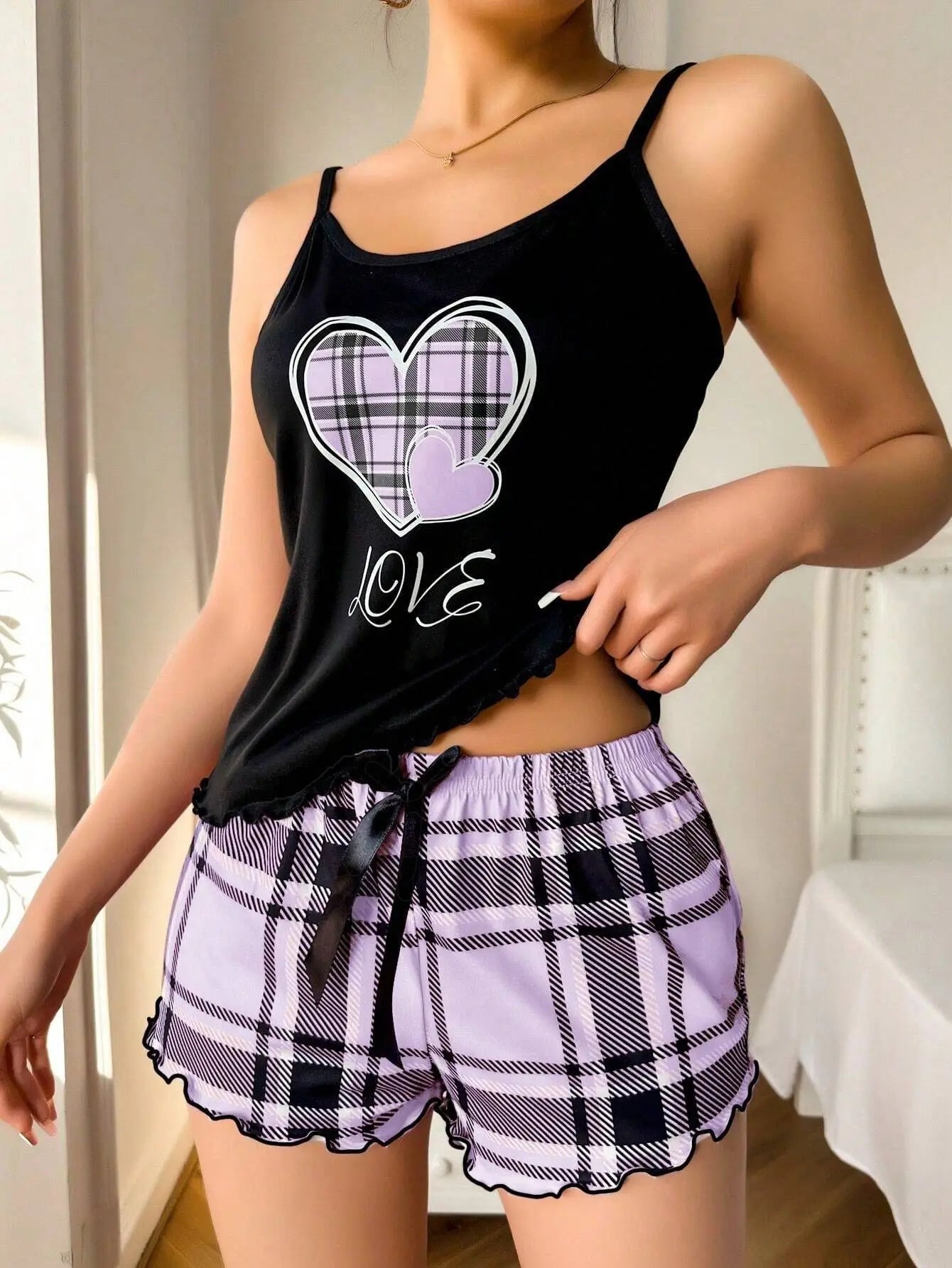 Sexy Nightwear Women's Suspenders Top Plaid Pants Fashion Sleepwear Homewear Two-Piece Set Ladies Pajamas Love Print Loungewear