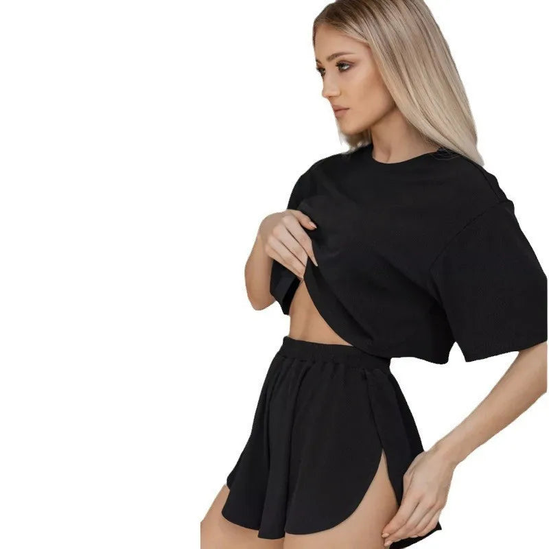 Women's Ribbed Pajamas Set Short Sleeve T-Shirt Split Shorts Sleepwear 2 Piece Set For Women Casual Round Neck Elastic Homewear