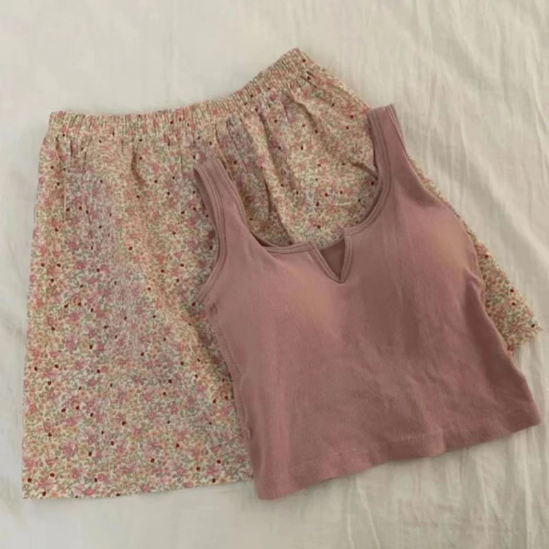 Korean Style Sexy Cute Little Emerald Flower Vest Women's Home Clothes With Chest Cushion Comfortable Cotton Pajamas Set