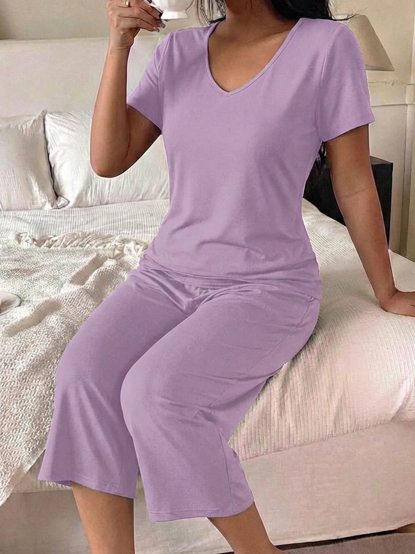 Womens Super Soft Pajama Sets Short Sleeve Top With Capri Pants Sleepwear 2 Piece Lounge Set