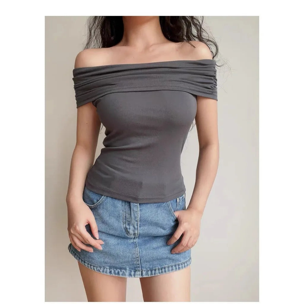 1pcs Girls Off-Shoulder T-shirt Women's Basic Fashion Tee Solid Ladys Short Sleeve Slim Tops Females Sexy Tshirts