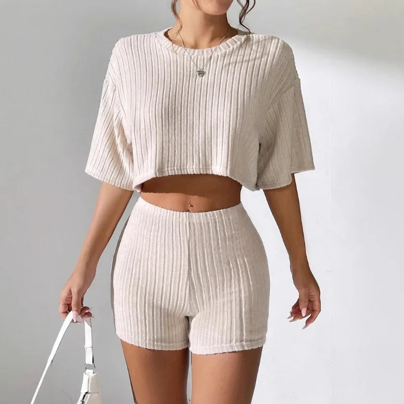 Women's Spring and Summer Fashion Short Crew Neck T-Shirt Top Shorts Two-piece Set Women's Womens Two Peice Sets