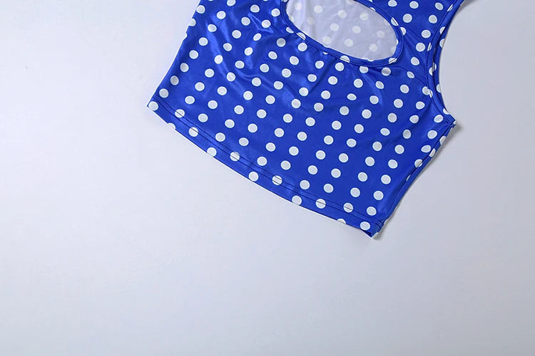Kliou Polka Dot Print 2 Piece Set Woman o-Neck Hollwo Design Crop Tops+Skinny Peach Hip Shorts Hot Girls Sexy Fashion Outfits