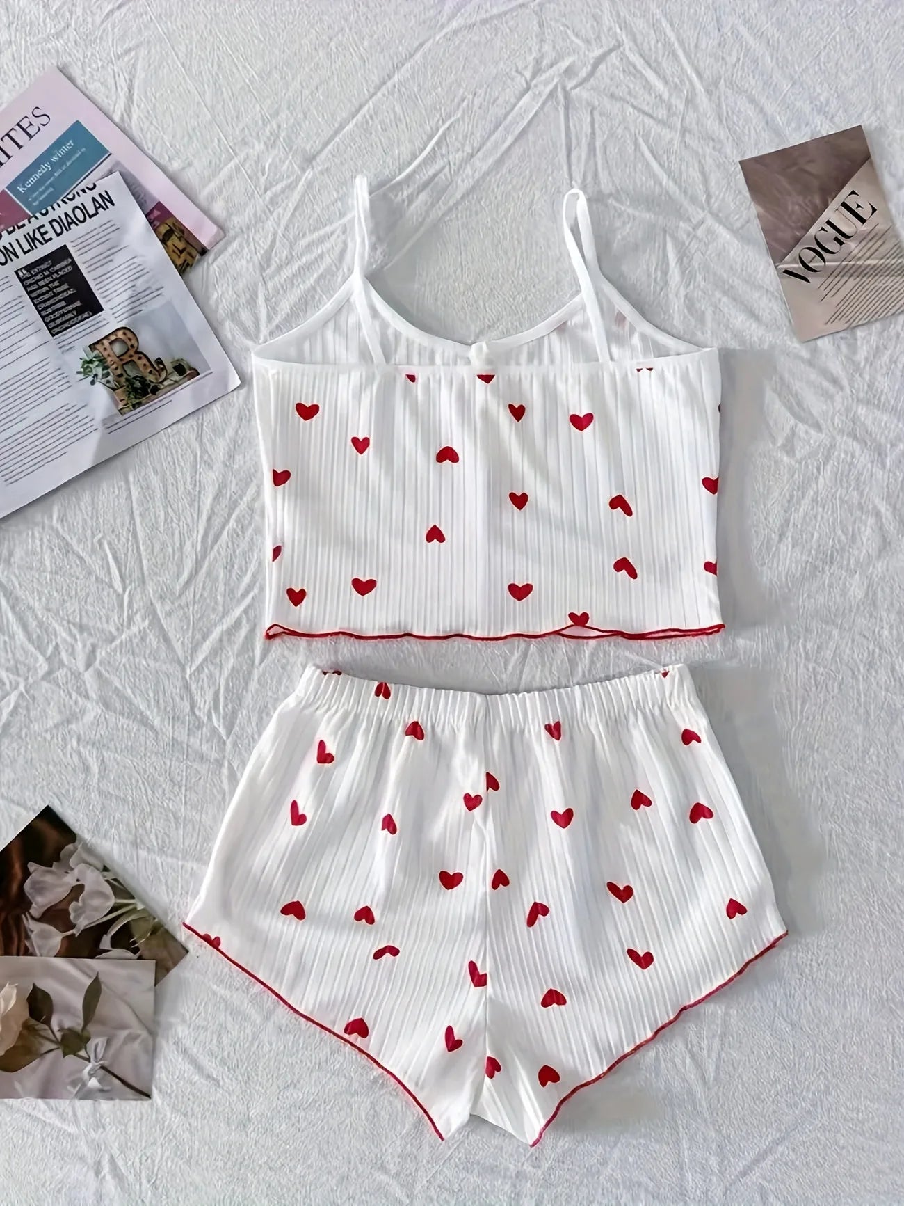 Women Heart Print Ribbed Pajama Set Bow Decor Crop Cami Top and Elastic Shorts Summer Sleepwear Lounge Set