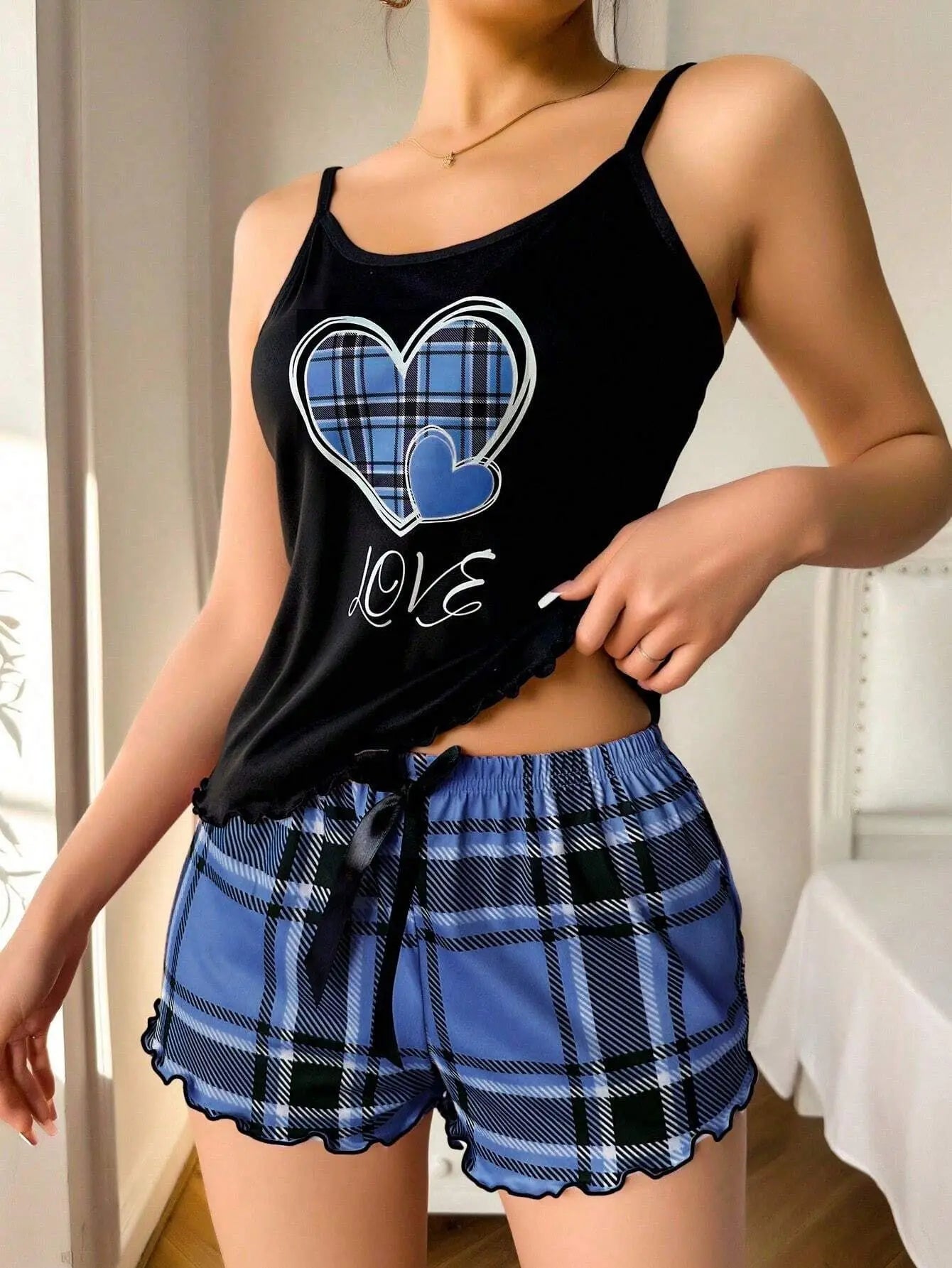 Sexy Nightwear Women's Suspenders Top Plaid Pants Fashion Sleepwear Homewear Two-Piece Set Ladies Pajamas Love Print Loungewear