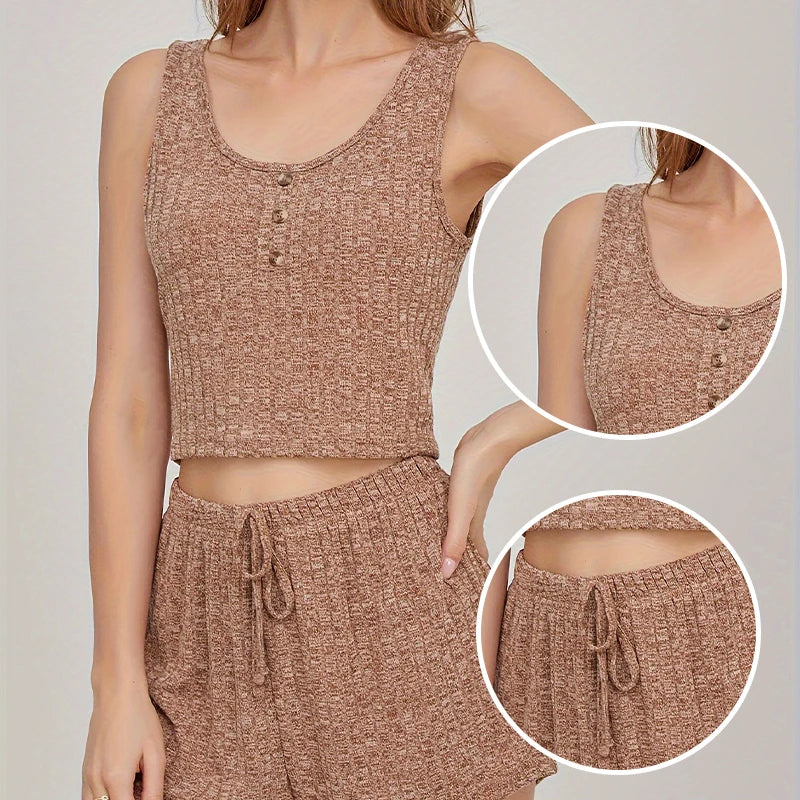 Summer Two-Piece Sleeveless Ribbed Knit Vest with Front Button Paired with Shorts Women's Khaki Color Home Pajama Set