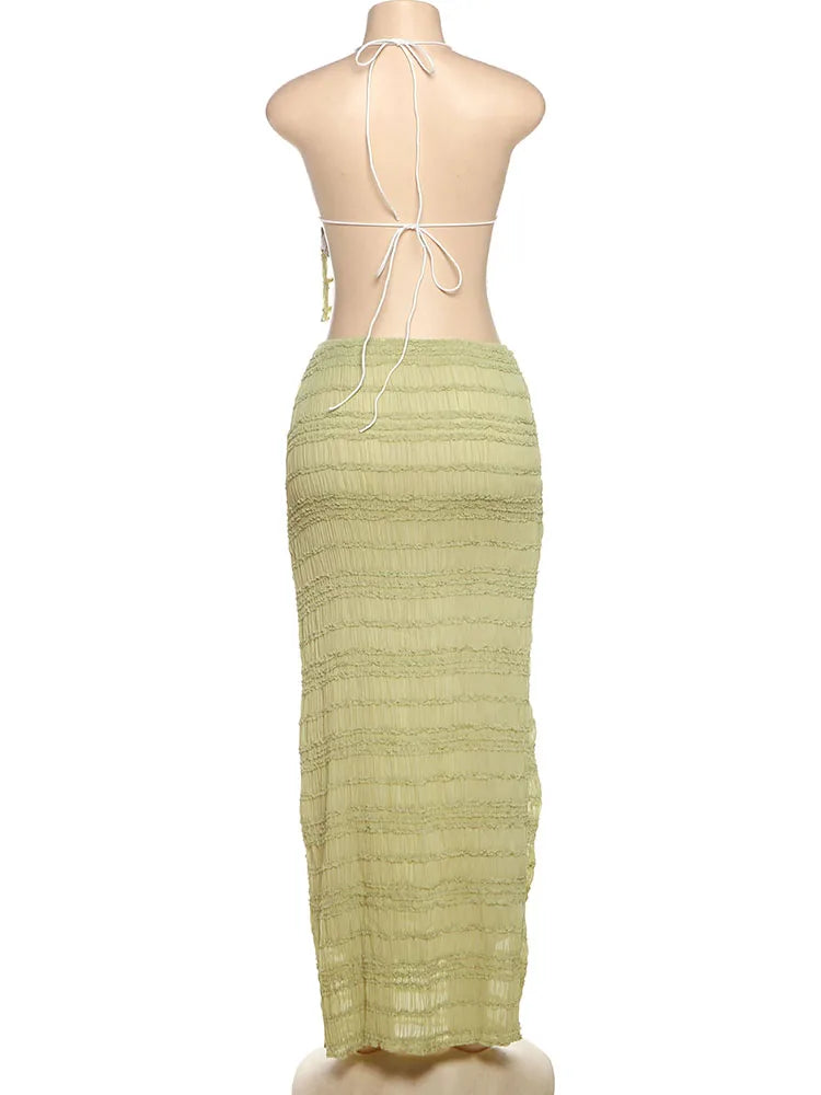 Weird Puss Mesh Backless 2 Piece Set Women Halter Lace-Up See Through Crop Tops+Loose Elegant Long Skirts Vacation Trend Outfits