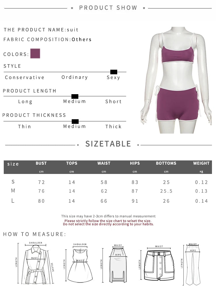 Weird Puss Casual Women 2 Piece Set Tracksuit White Edging Camisole+Side Bandage Shorts Matching Stretch Sporty Streetwear Suits
