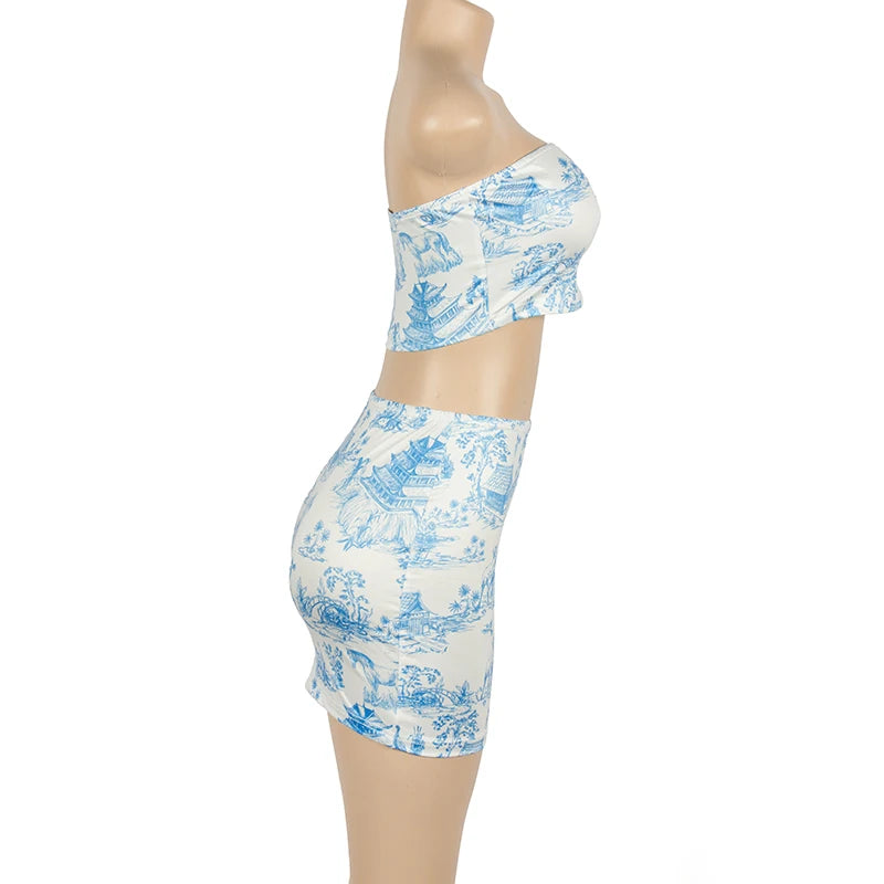 Oshfall Summer Outfits For Women 2-Piece Set Sleeveless Retro Printing Strapless Top+High Waist Slim Mini Skirt Street Clothing
