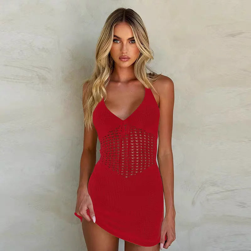 Summer Beach Style Women Backless Sexy Hollow Out V-neck Halter Lace-up Dress Fashion Sleeveless Knitted Dresses
