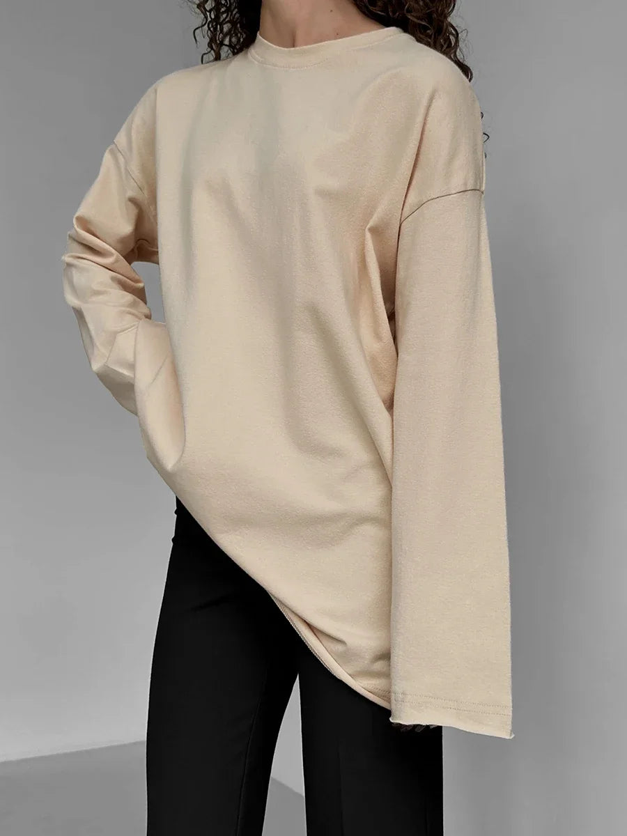 Blubelle Women Autumn 100% Cotton T-shirt Bottoming Spring Basic Fashionable Solid Lady Long Sleeve Loose Tops Shirts