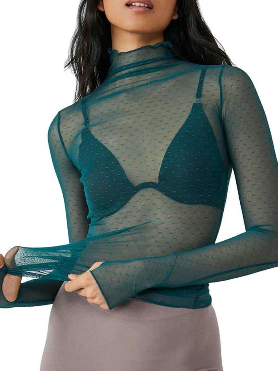 Women Sheer Mesh T-Shirts Mock Neck Long Sleeve Crop Tops Retro See Through Shirt Fairycore Grunge Tees