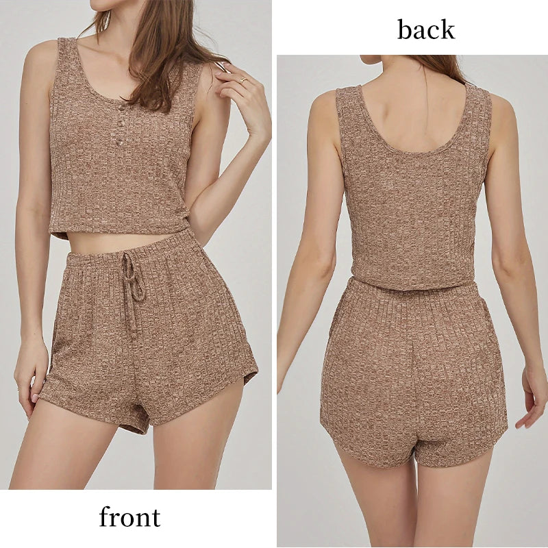 Summer Two-Piece Sleeveless Ribbed Knit Vest with Front Button Paired with Shorts Women's Khaki Color Home Pajama Set