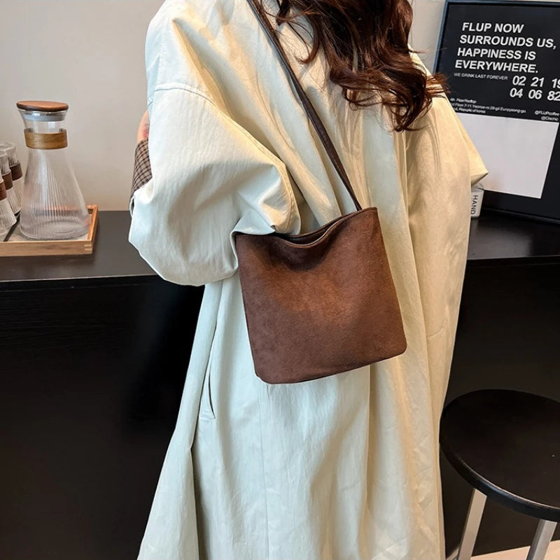 Mini Shoulder Bag Retro Leopard Print Women Crossbody Bucket Bag Fashion Ins Korean Style Faux Suede Fall New Simple Tote Bag