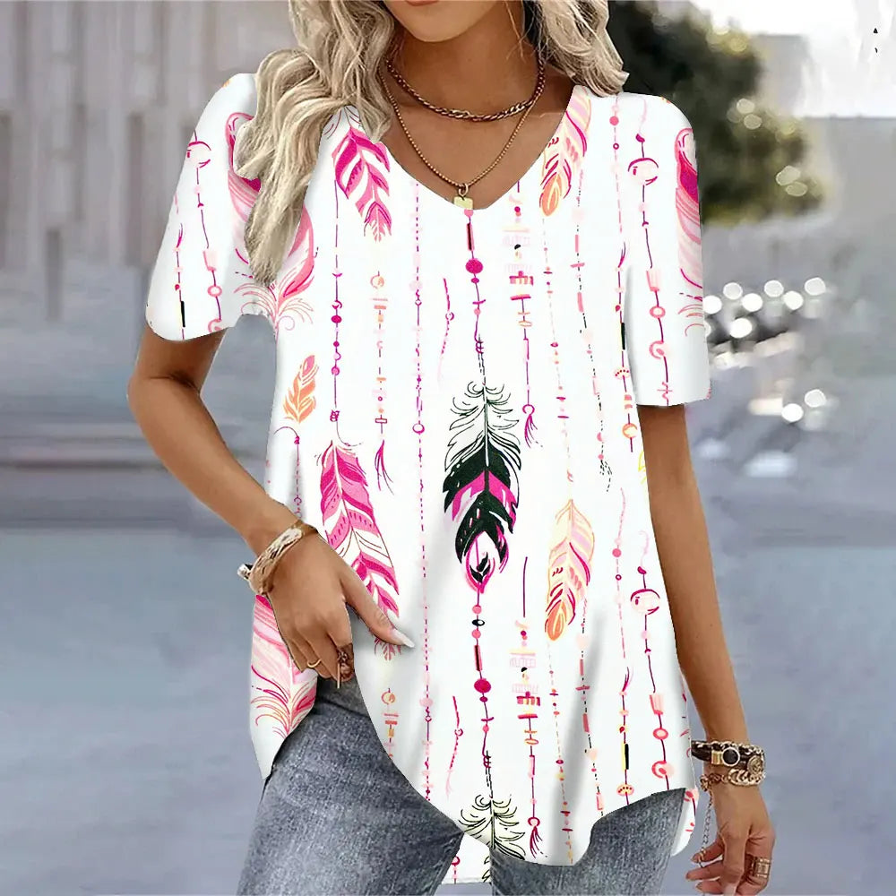 3D Butterfly Printed Short Sleeve T-shirt Korean Style Women's Clothes 2024 V-neck Short Sleeves Tees Shirt Loose Casual Blouses