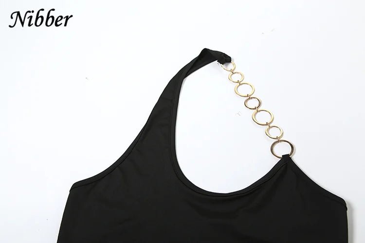 Nibber Metal Buckle 2 Piece Set Women Summer Halter Irregular Classic Tops+Skirts Skinny Solid Midnight Party Matching Suits