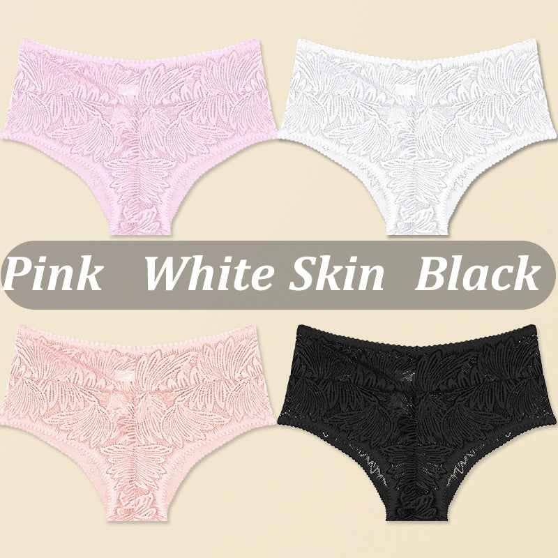 FINETOO 4PCS Floral Lace Thongs Sexy Perspective G-String Mid Waist T-back Female Breathable Intimates Brazilian Underwears