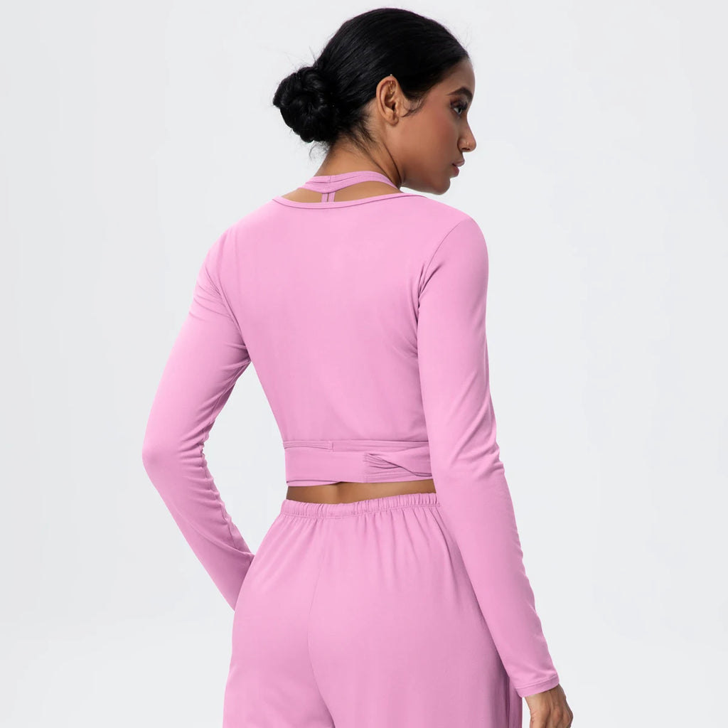 Women Slim Breathable Sports Top Women Active Wear Sports Yoga Long Sleeved Solid Color Running Shirts Straps Design Yoga Top