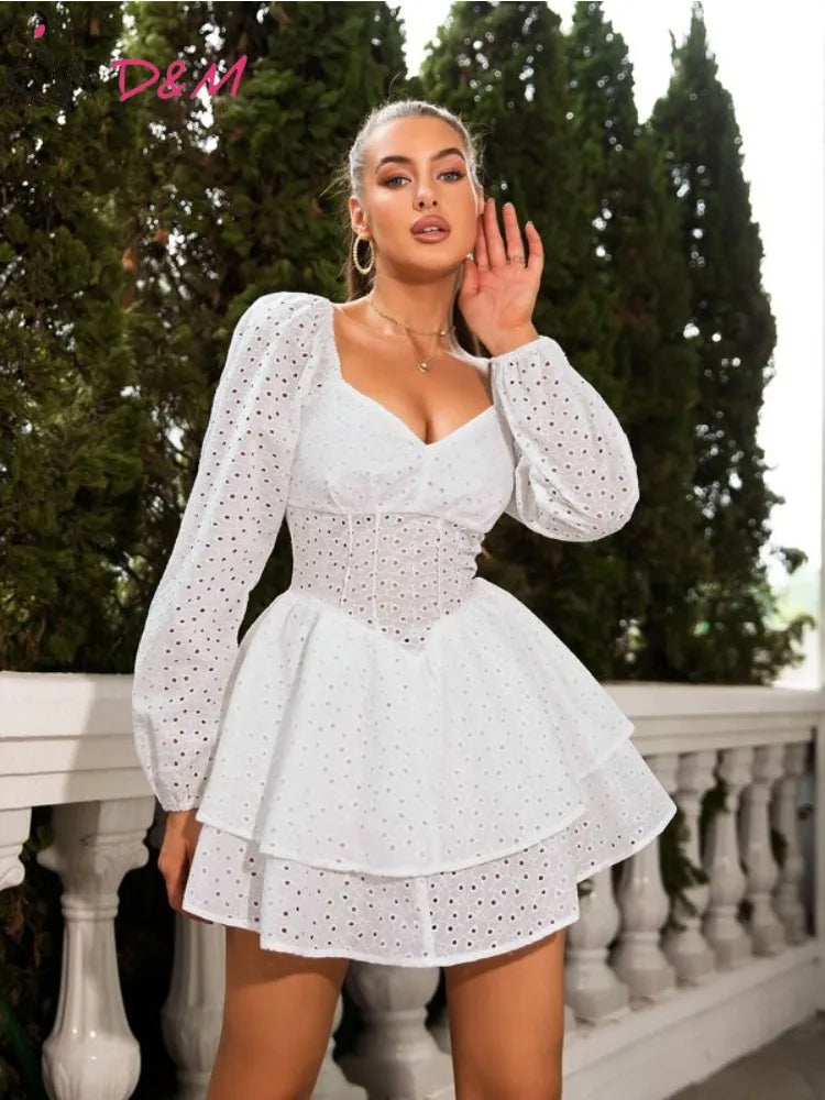 D & M-Women's Sweetheart Neck Dress, Lantern Sleeve, Two Layer Hem, School Party Dress, Elegant and Pretty Women's Dresses
