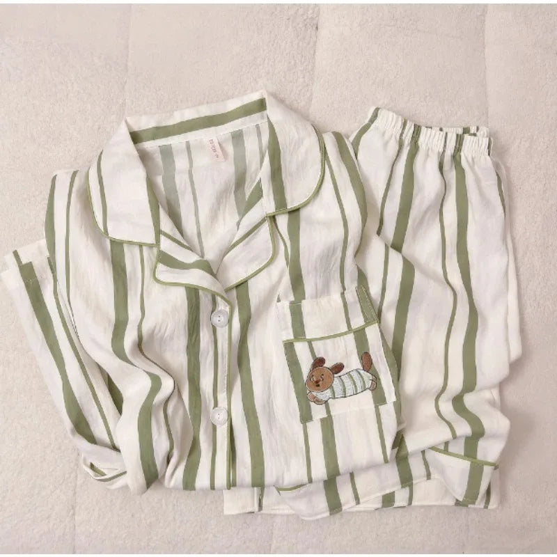 Embroidery Dachshund Strip Print Women's Pajamas Set Harajuku Style Sweet Cute Sleepwear Set Short Sleeve Women's Pajamas Summer