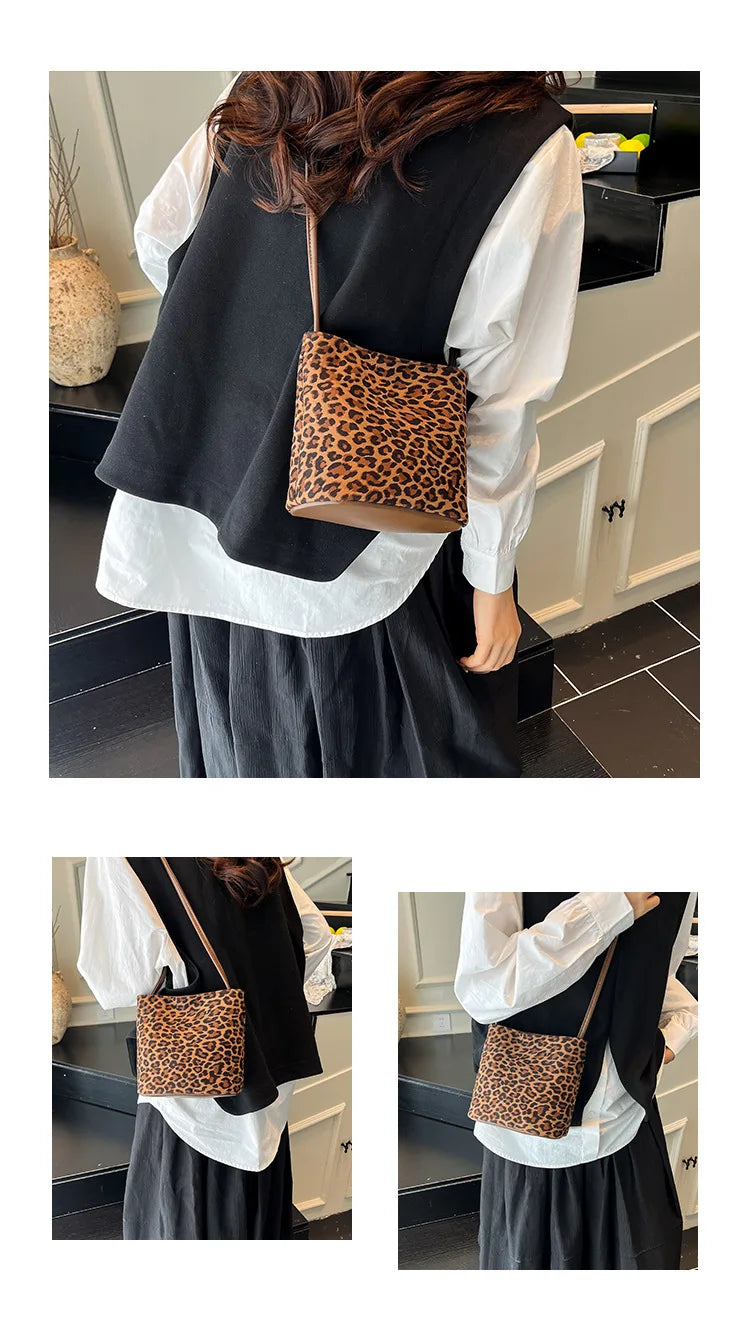 Mini Shoulder Bag Retro Leopard Print Women Crossbody Bucket Bag Fashion Ins Korean Style Faux Suede Fall New Simple Tote Bag