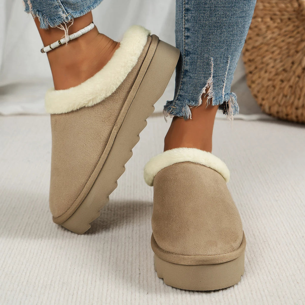 Winter fashion women's fluffy thick-soled casual shoes, thick-soled indoor anti-slip and warm with fur lining