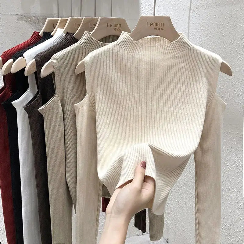 Knitted Sweater Women Pullovers New Long Sleeve Stand Collar Off-shoulder Knit Sweater Pullover Women Tops Sueters De Mujer Q781