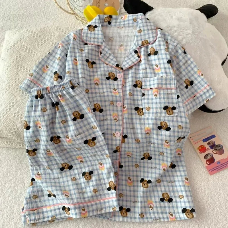 Embroidery Dachshund Strip Print Women's Pajamas Set Harajuku Style Sweet Cute Sleepwear Set Short Sleeve Women's Pajamas Summer