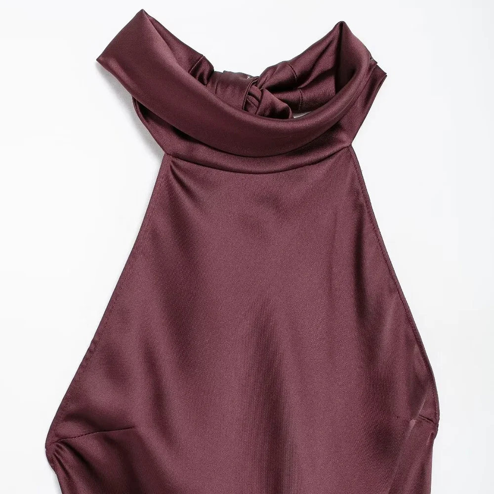 Women's Long Satin Halter Dress, Backless, Bow Tied, Back Zipper, Female Dresses, Sexy Fashion