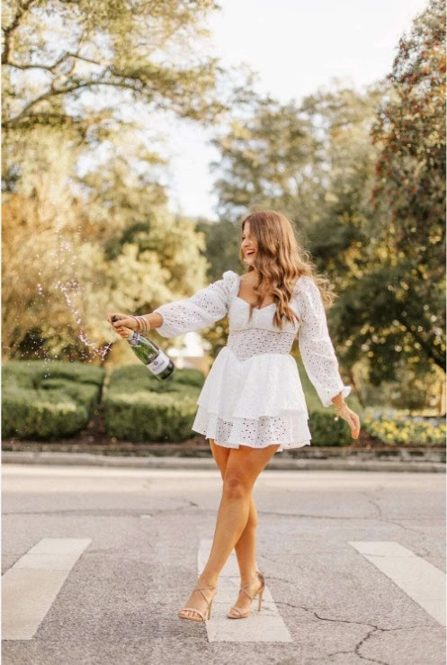 D & M-Women's Sweetheart Neck Dress, Lantern Sleeve, Two Layer Hem, School Party Dress, Elegant and Pretty Women's Dresses