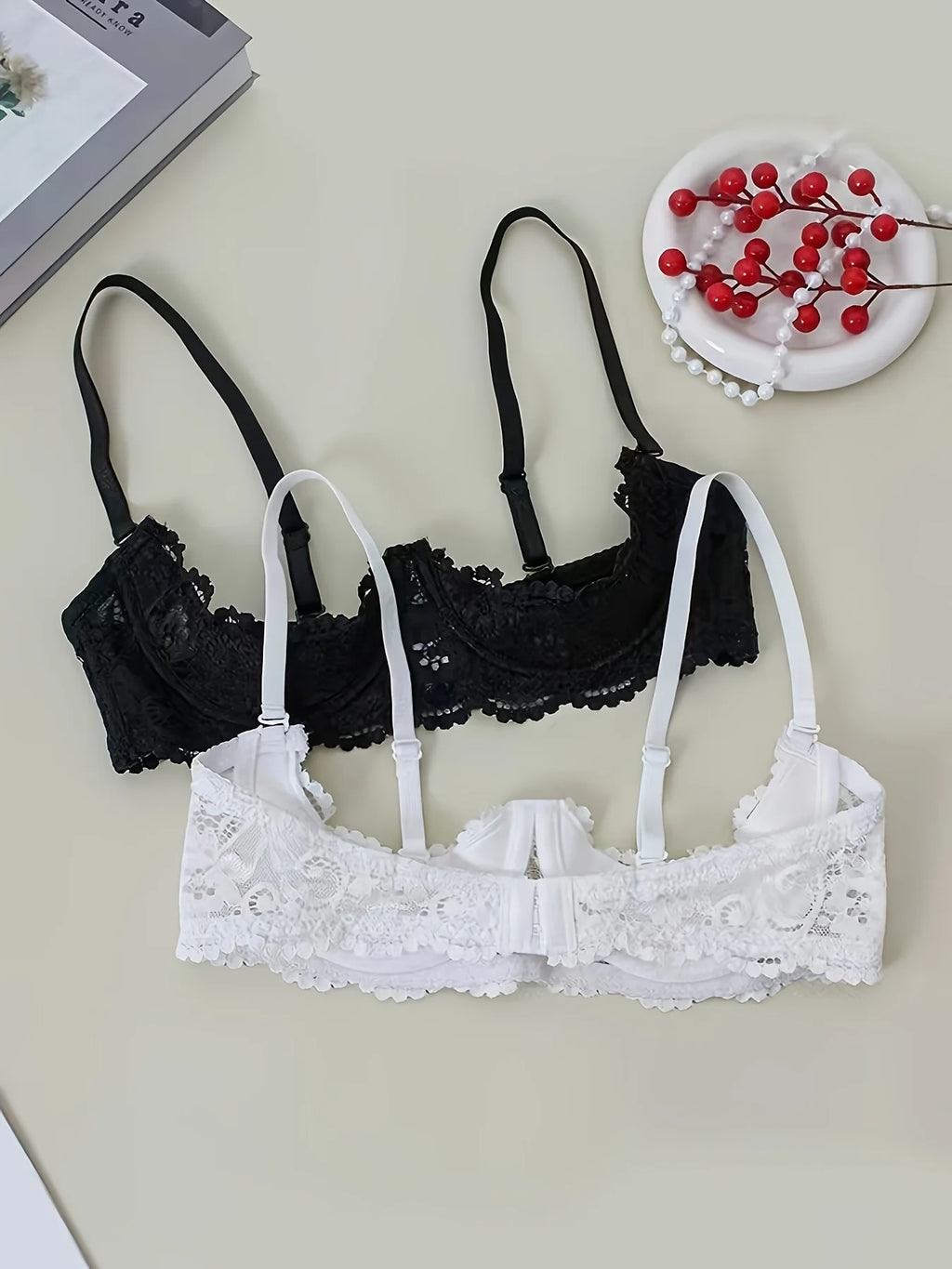 2PCS Women's Lace Open-Cup Underwire Bra, Soft, Skin-Friendly, Breathable, Plus-Size Sexy Lingerie