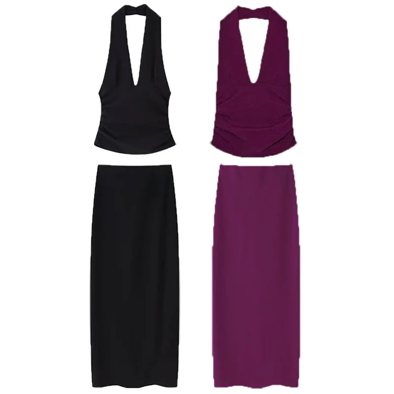 HXAO 2025 Women's Two Pieces Set Purple Black Skirt Set Ruffled Halter Neck Crop Top 2 Piece Woman Midi High Waist Slit Suit 066