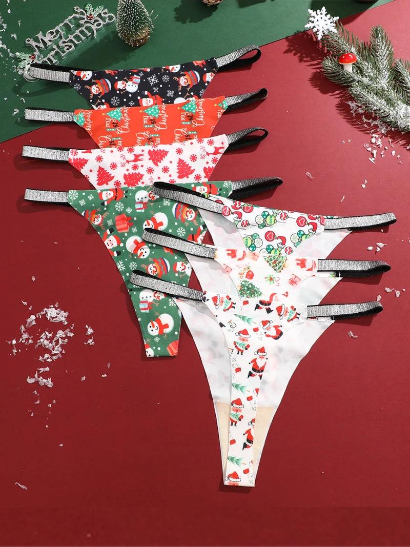 5PCS/Lot Seamless Ice Silk Thongs Women's Christmas Theme Underwear Sexy Rhinestone Waist Panties Santa Claus Printed Lingerie