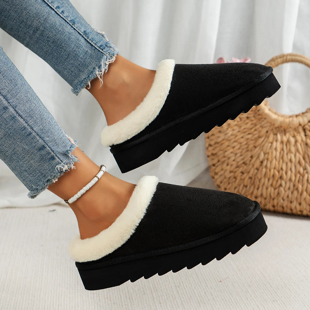 Winter fashion women's fluffy thick-soled casual shoes, thick-soled indoor anti-slip and warm with fur lining
