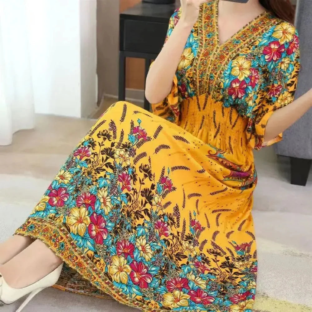 Colorful Flower V-neck Elastic Youthful Bohemian Sweet Midi Dress Woman Clothes Chic Fashion Summer Dresses 2025 Large Swing Ski