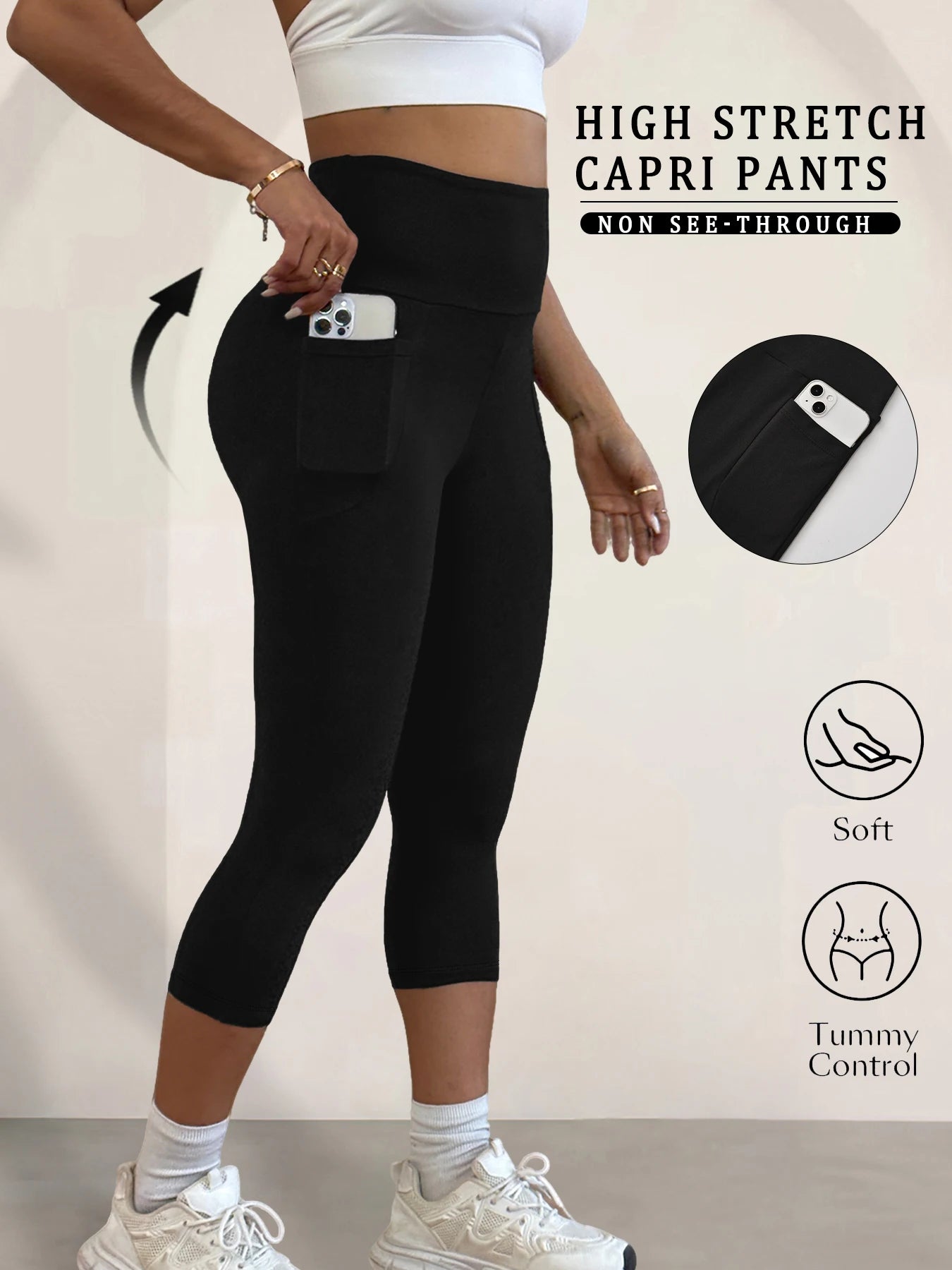 Super Soft Pants for Women High Waisted Capri with Pockets Tummy Control No See Through Running
